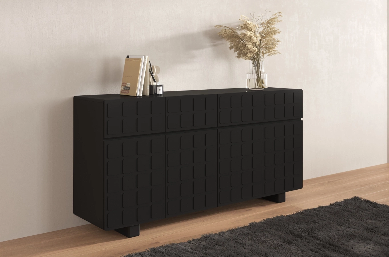 Skandica Cubo Long Kommode 3D mit dekorierter Front / 4 Schubladen / 4 Türen / 169 Cm / Schwarz