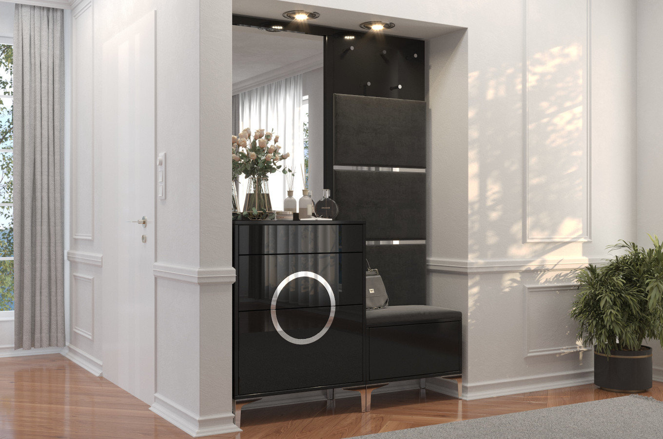 Schwarz-silberne Dancan EVELINE Kommode, Hochglanz / Breite 70 cm