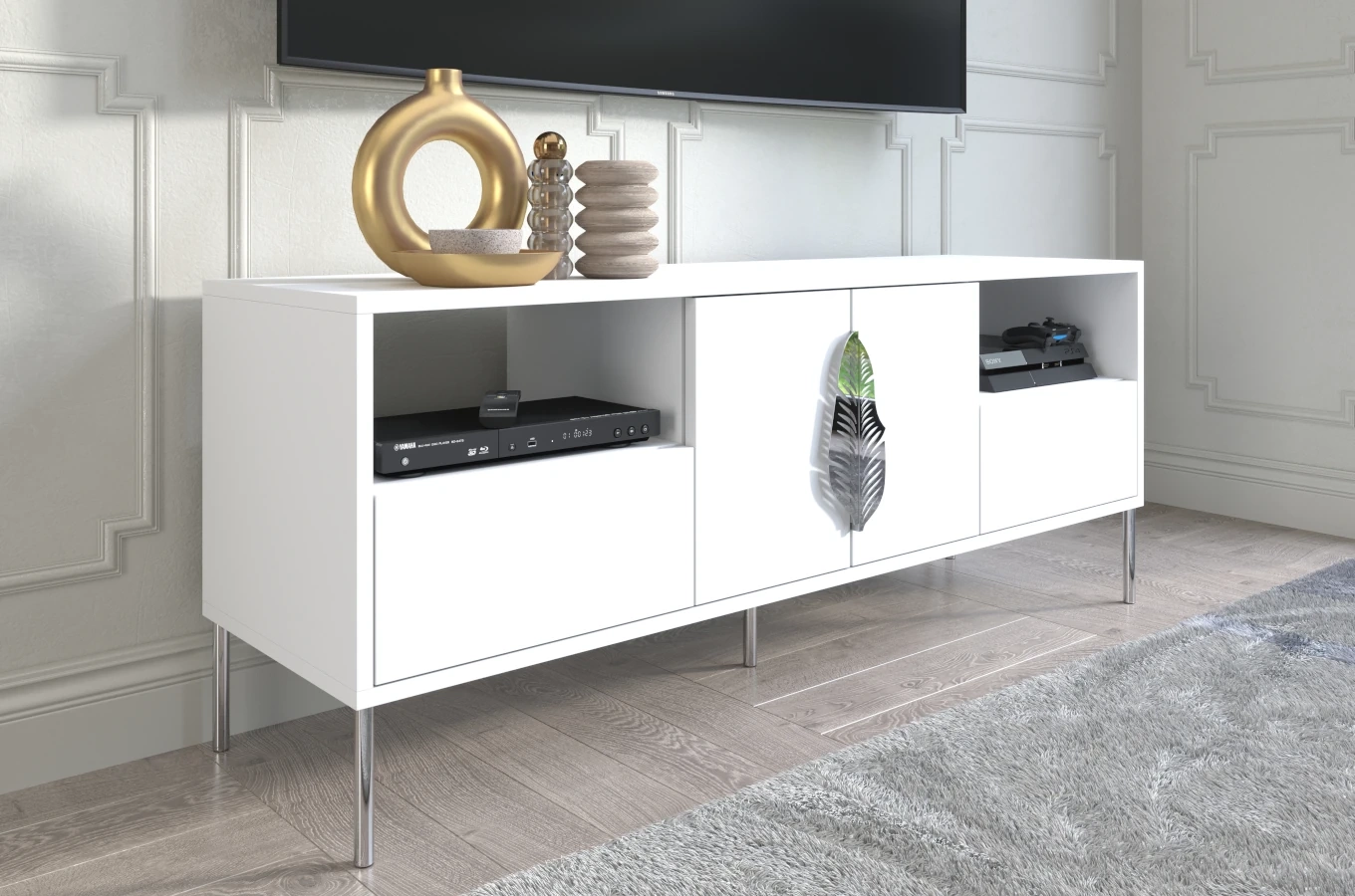 Skandica Merlin Tv-Schrank Mit Silbernen Details / 138 Cm / Weiß