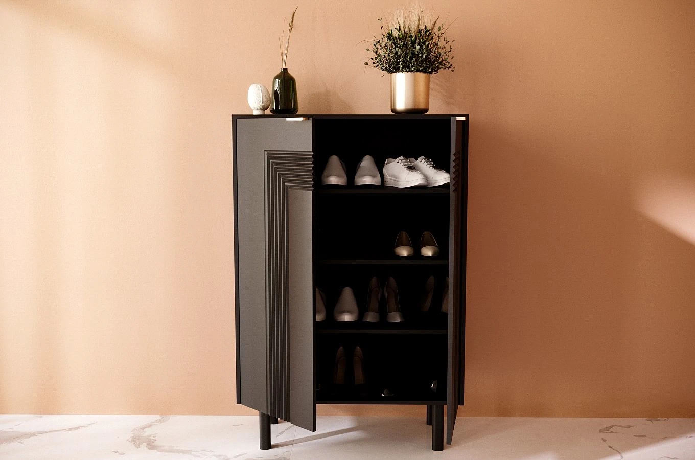 Dancan Yoko Kommode / Schuhschrank / Mit Dekorativen Fronten Und Goldgriffen / 80 Cm / Schwarz