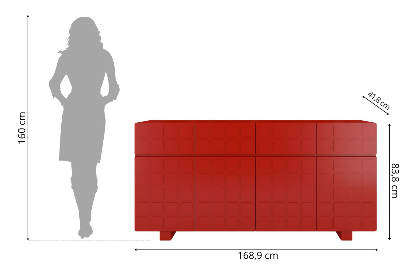 Skandica Cubo Long Kommode 3D mit dekorierter Front / 4 Schubladen / 4 Türen / 169 Cm / Rot