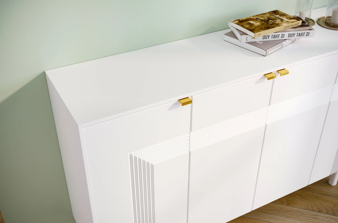 Dancan Yoko Kommode / Tv Schrank / Mit Dekorativen Fronten Und Goldgriffen / 4 Türen / 156 Cm / Weiß