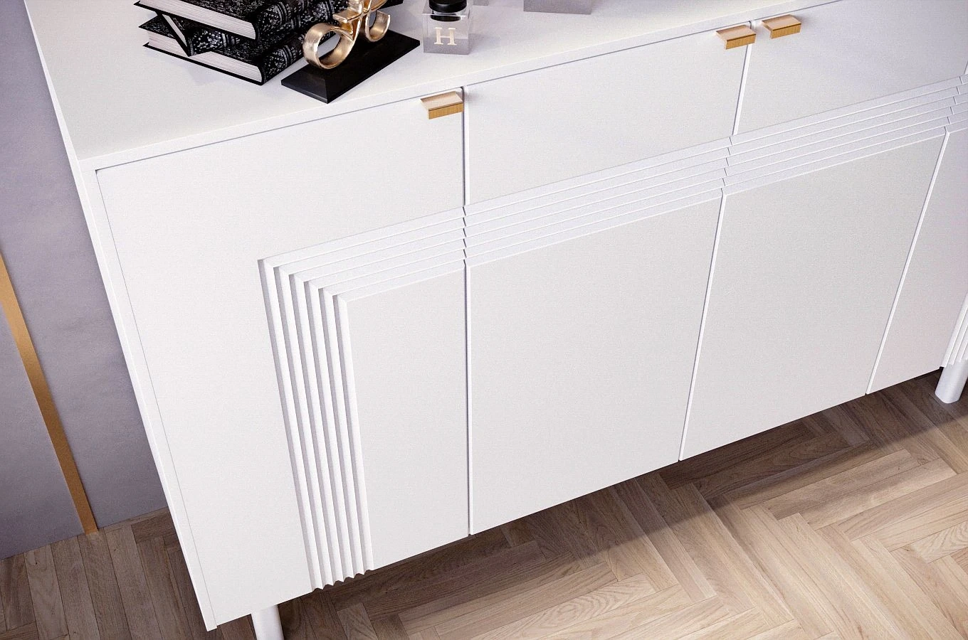 Dancan Yoko Kommode / Tv Schrank / Mit Dekorativen Fronten Und Goldgriffen / 4 Türen / 156 Cm / Weiß