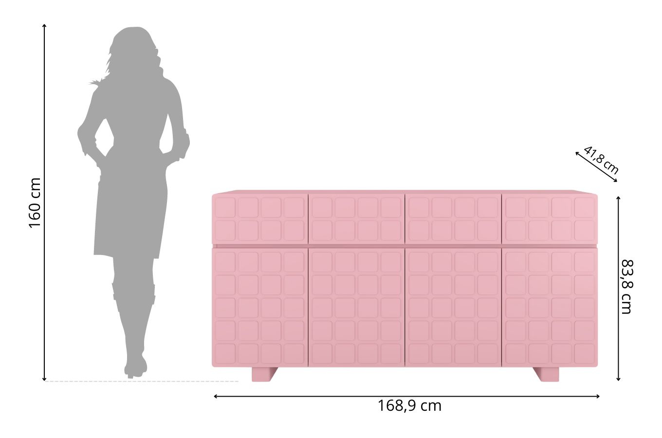 Skandica Cubo Long Kommode 3D mit dekorierter Front / 4 Schubladen / 4 Türen / 169 Cm / Puderrosa