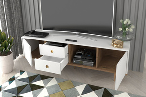 Skandica Harmoni TV-SCHRANK / Kommode Mit Goldenen Details / 2 Türen / 2 Schubladen / 1 Offenes Fach / 160 Cm / Eiche / Weiß