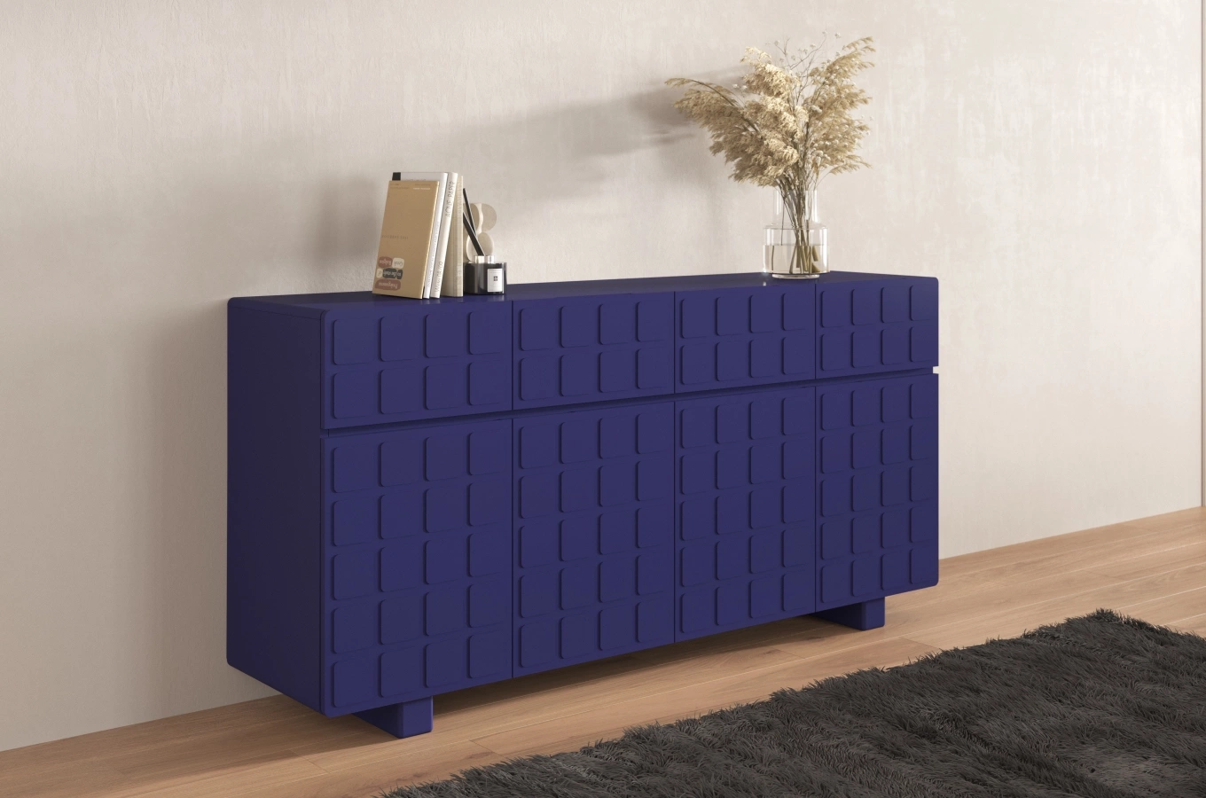 Skandica Cubo Long Kommode 3D mit dekorierter Front / 4 Schubladen / 4 Türen / 169 Cm / Marineblau
