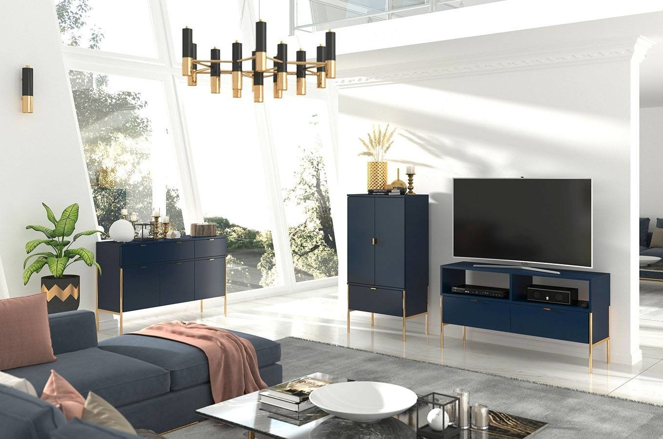 Skandica Polka Elegante Tv-Kommode Auf Goldenen Beinen / 2 Schubladen / 120 Cm / Marineblau
