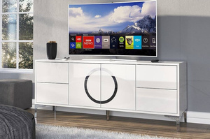 Dancan Eva Moderne Tv-Schrank Mit Silbernen Akzenten / Hochglanz / 4 Schubladen / 150 Cm / Weiß