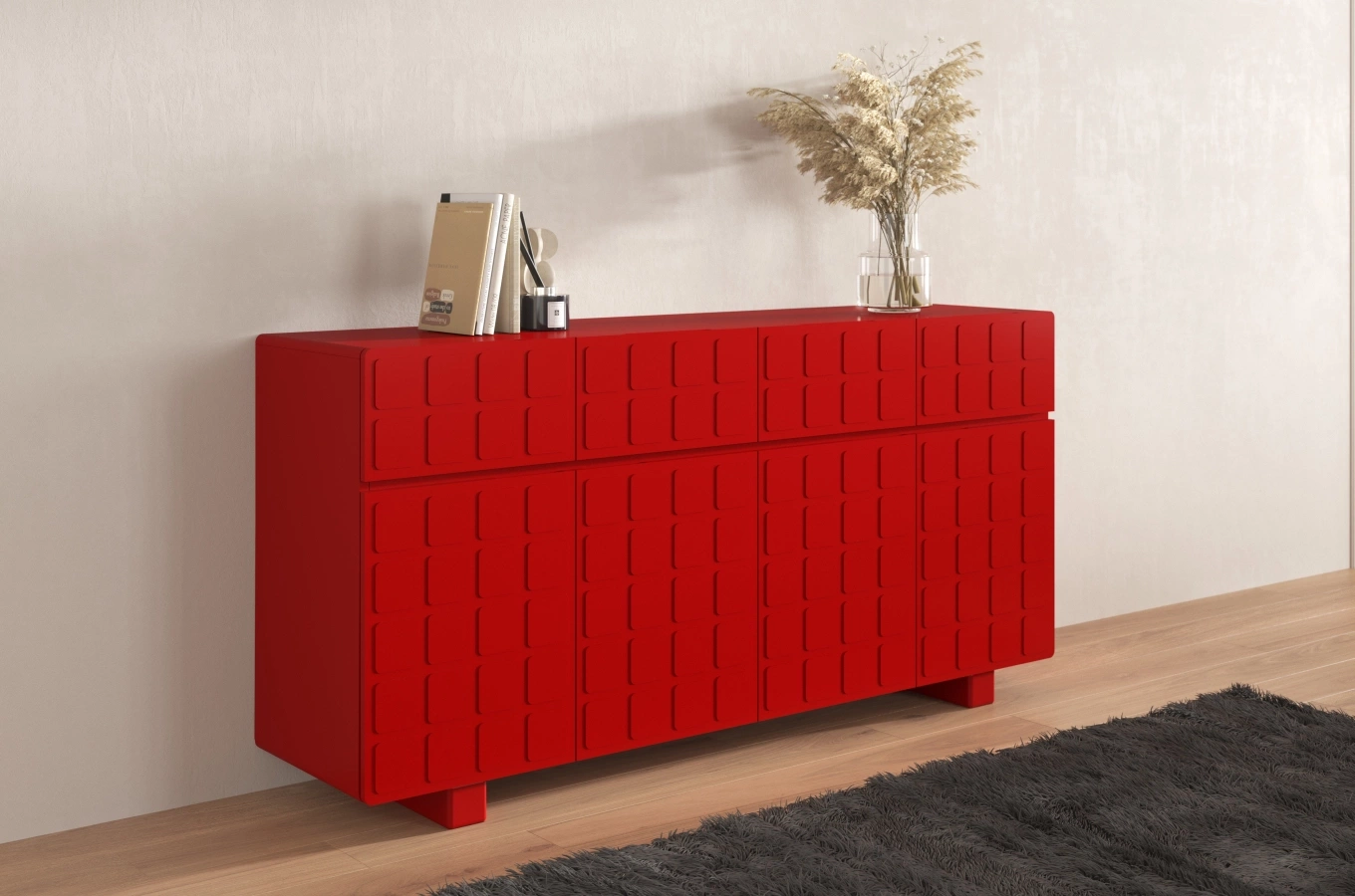 Skandica Cubo Long Kommode 3D mit dekorierter Front / 4 Schubladen / 4 Türen / 169 Cm / Rot