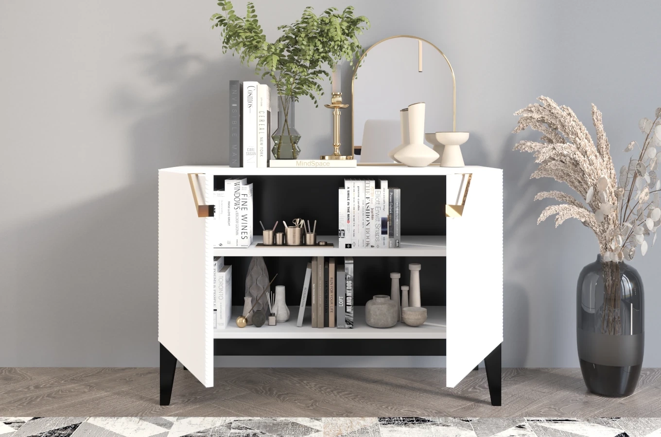 Holzkommode Visby Demi Long 2D / 100,5 Cm / Weiß + schwarze Beine