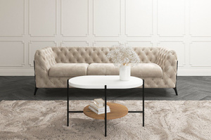 Dancan Arena Moderner Couchtisch mit 2 Ablagen / Oval + Rund / 80 x 50 x 50 Cm / mit Schwarz Metallgestell / Weiß / Eiche